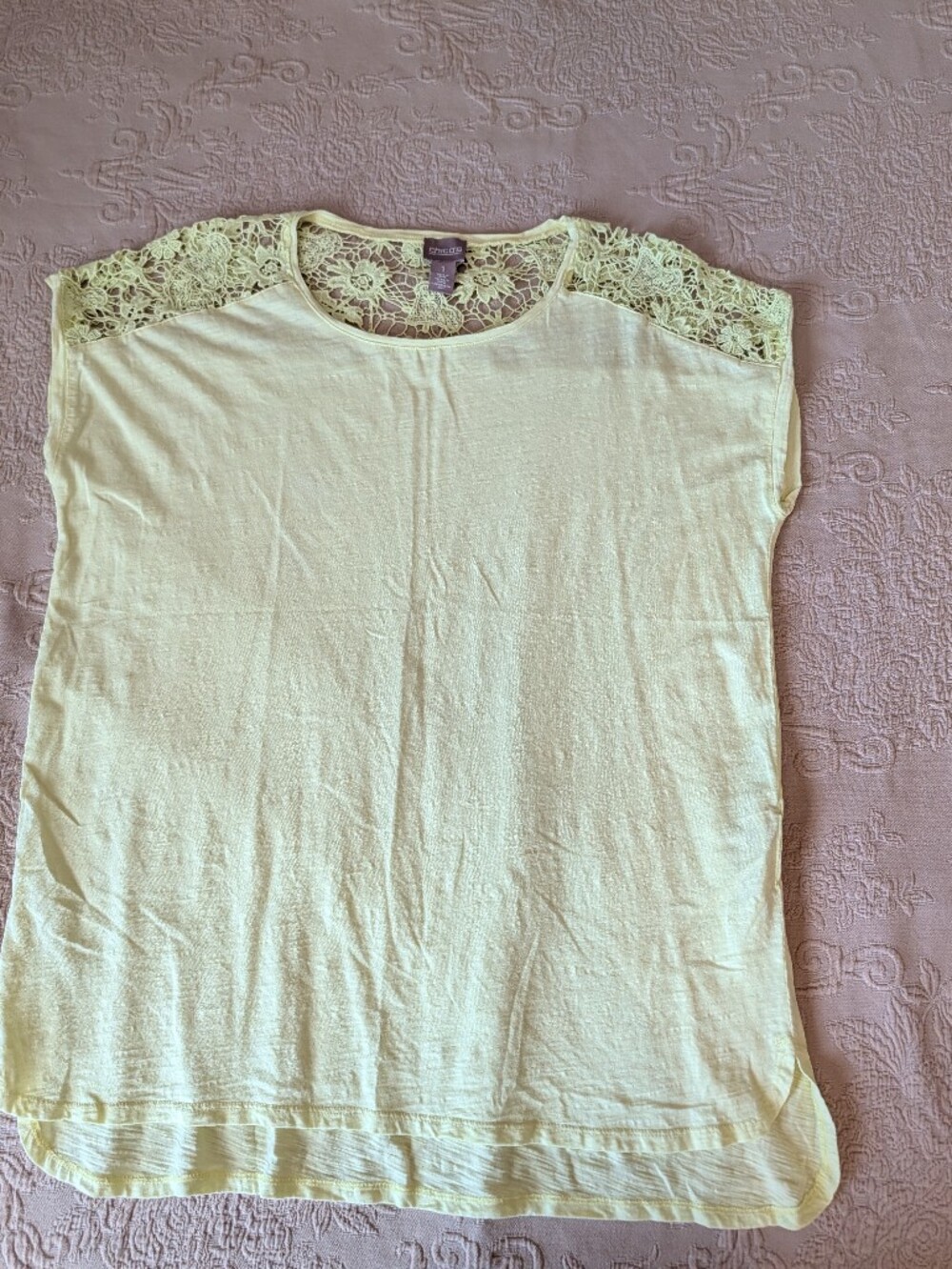 Chico's Soft Pale Yellow Lace-Shoulder Sleeveless Tee